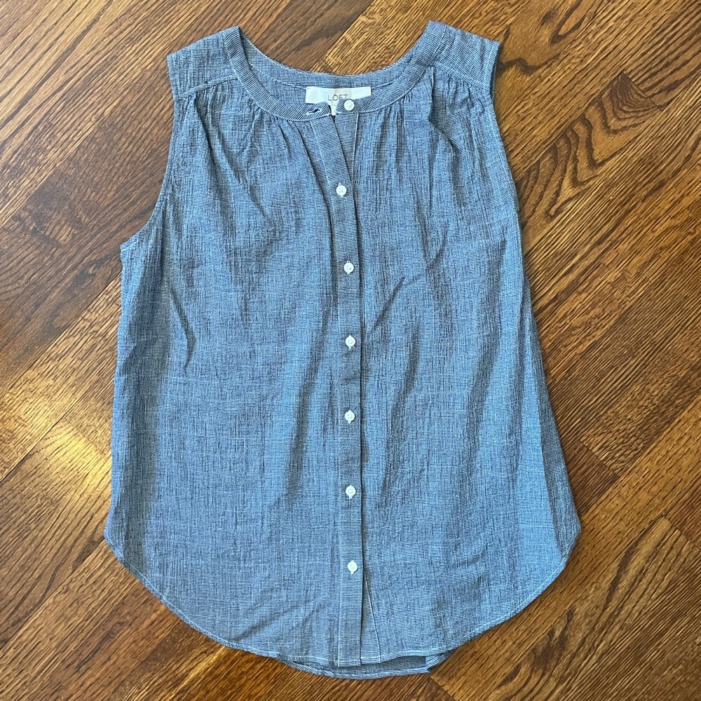 LOFT Navy/White Mini Check Blouse - Size Small
